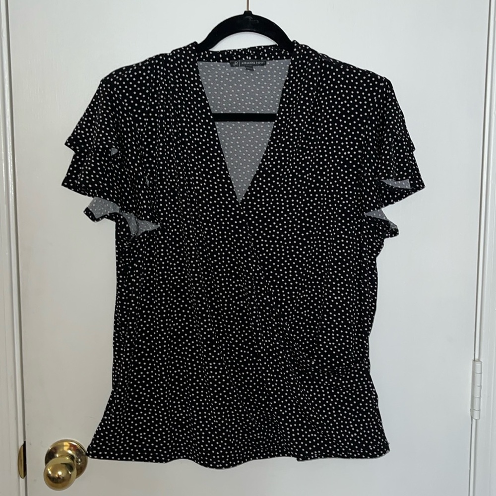Soft black with white polka dot pattern flouncy sleeved blouse